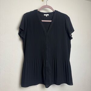 Pleione Black Button-Down Pleated‎ Peplum Button Front Blouse